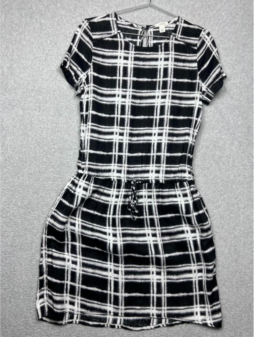 Caslon 100% Linen Black White Plaid Tie Waist Mini Dress Pockets S Lagenlook